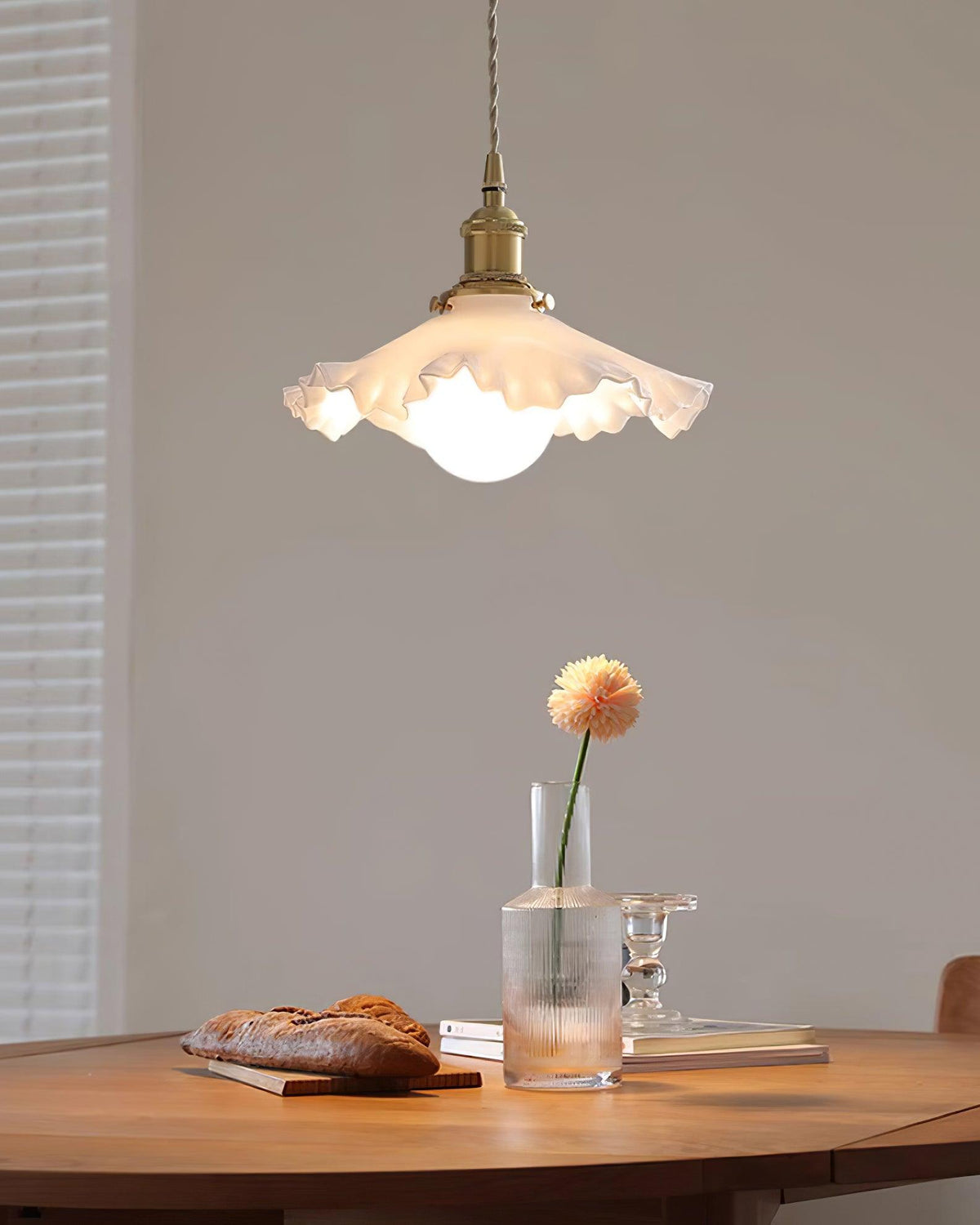 Glass Ruffle Shade Brass Pendant Lamp With Warm Glow