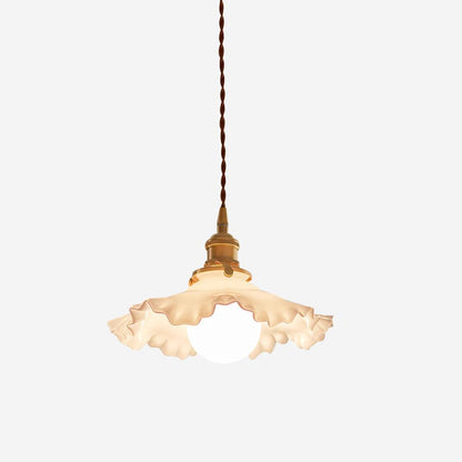 Glass Ruffle Shade Brass Pendant Lamp With Warm Glow