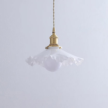 Glass Ruffle Shade Brass Pendant Lamp With Warm Glow