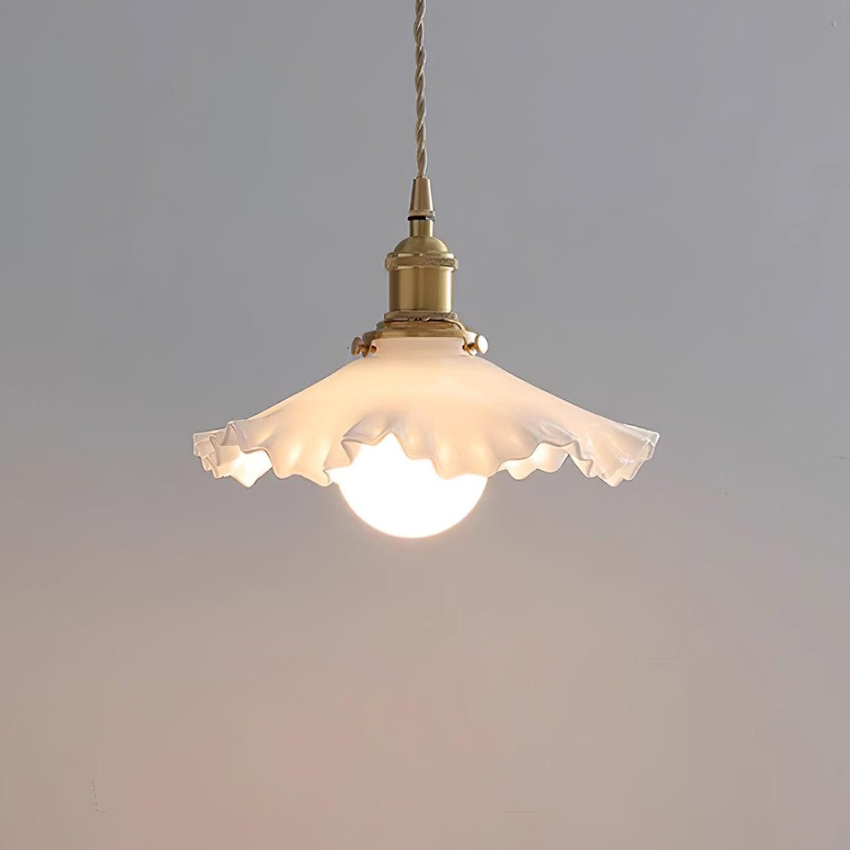 Glass Ruffle Shade Brass Pendant Lamp With Warm Glow
