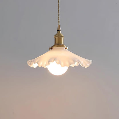 Glass Ruffle Shade Brass Pendant Lamp With Warm Glow