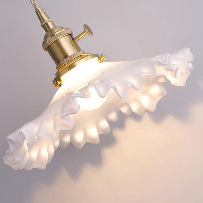 Glass Ruffle Shade Brass Pendant Lamp With Warm Glow