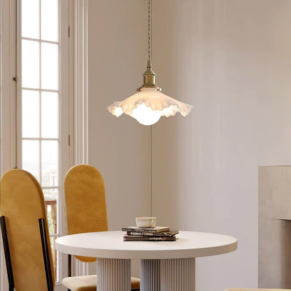 Glass Ruffle Shade Brass Pendant Lamp With Warm Glow