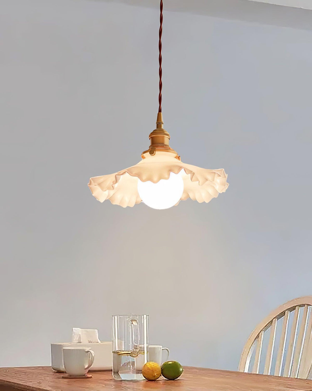 Glass Ruffle Shade Brass Pendant Lamp With Warm Glow