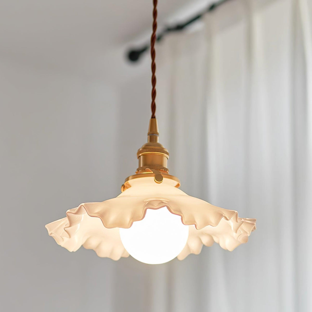 Glass Ruffle Shade Brass Pendant Lamp With Warm Glow