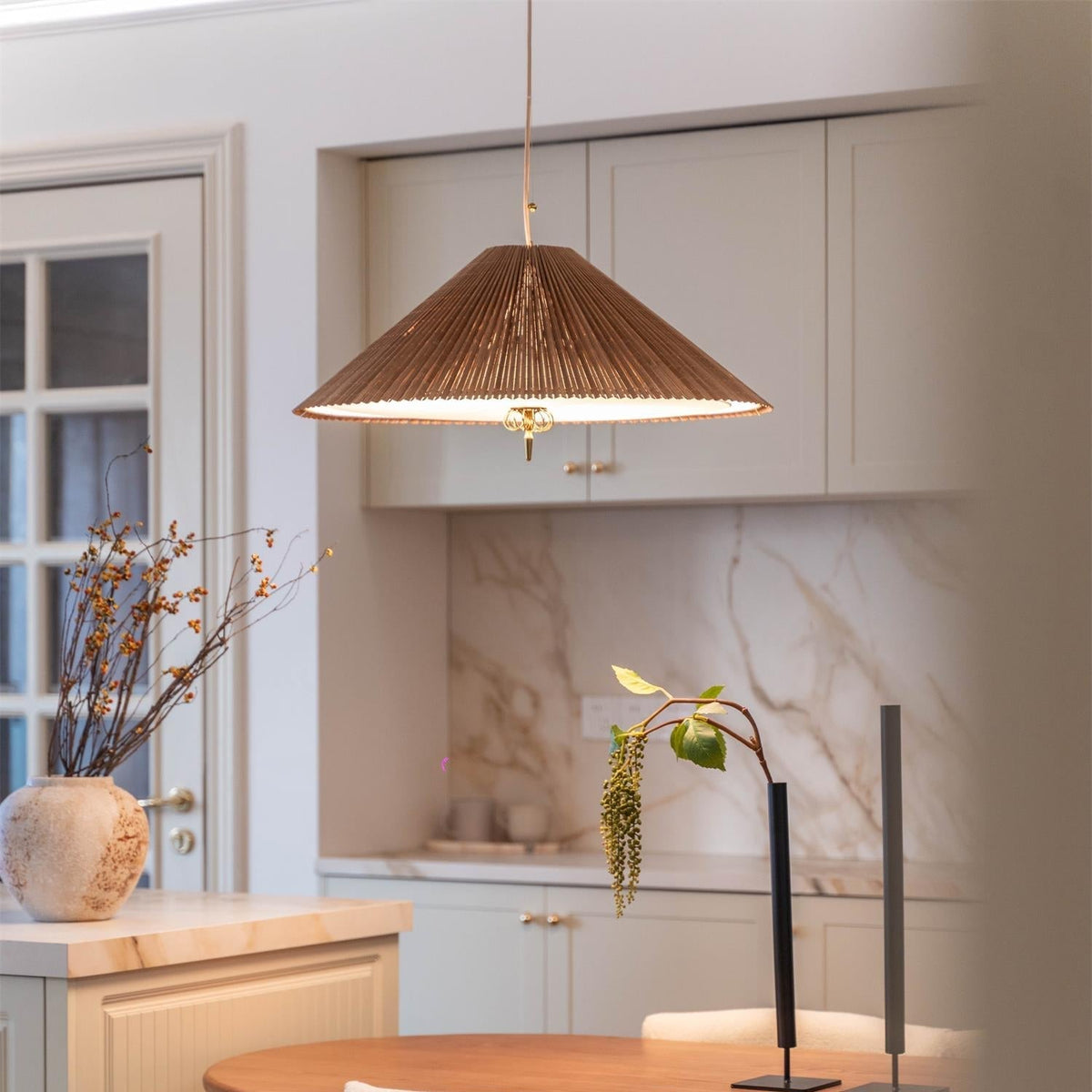 Pendant Lamp With Brass Accents And Natural Bamboo