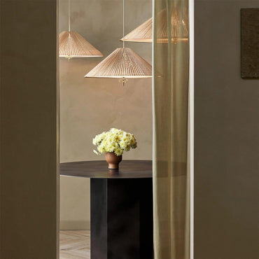 Pendant Lamp With Brass Accents And Natural Bamboo