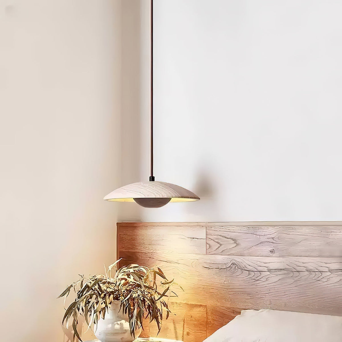 Pendant Light With Ambient LED Glow And Travertine Wide Brim