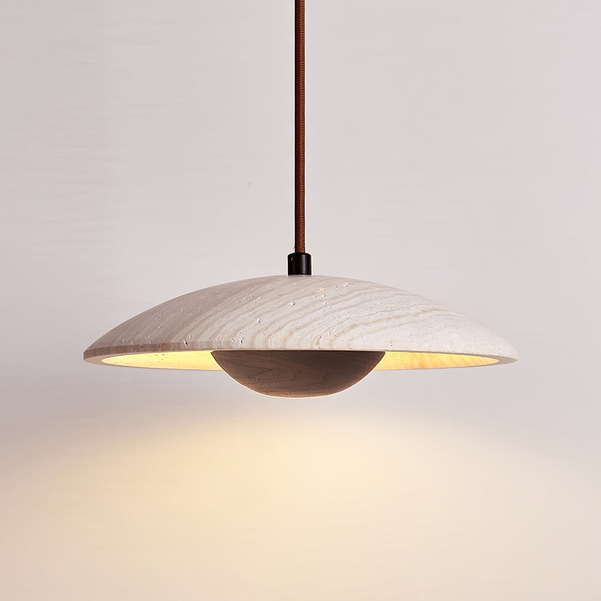 Pendant Light With Ambient LED Glow And Travertine Wide Brim