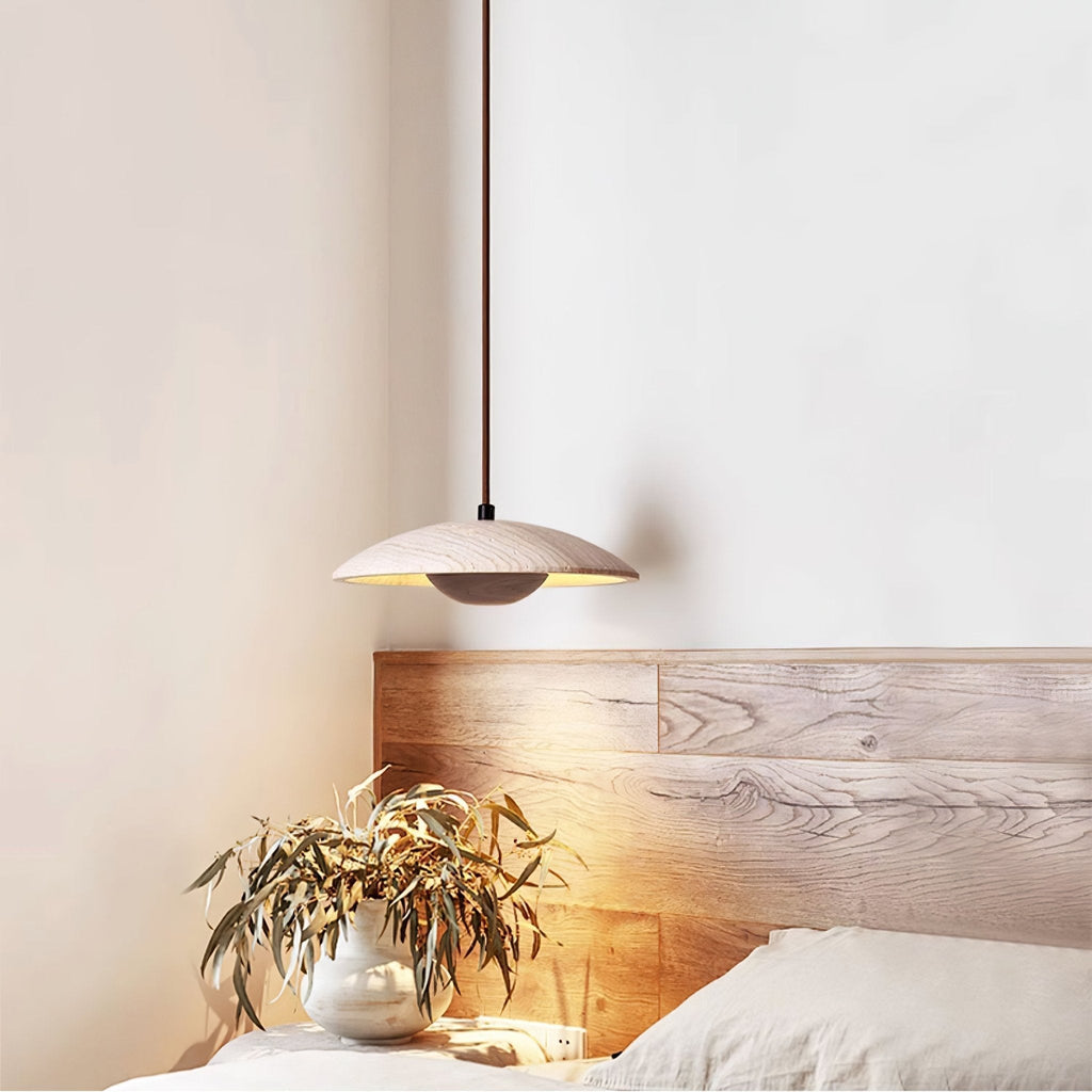 Pendant Light With Ambient LED Glow And Travertine Wide Brim