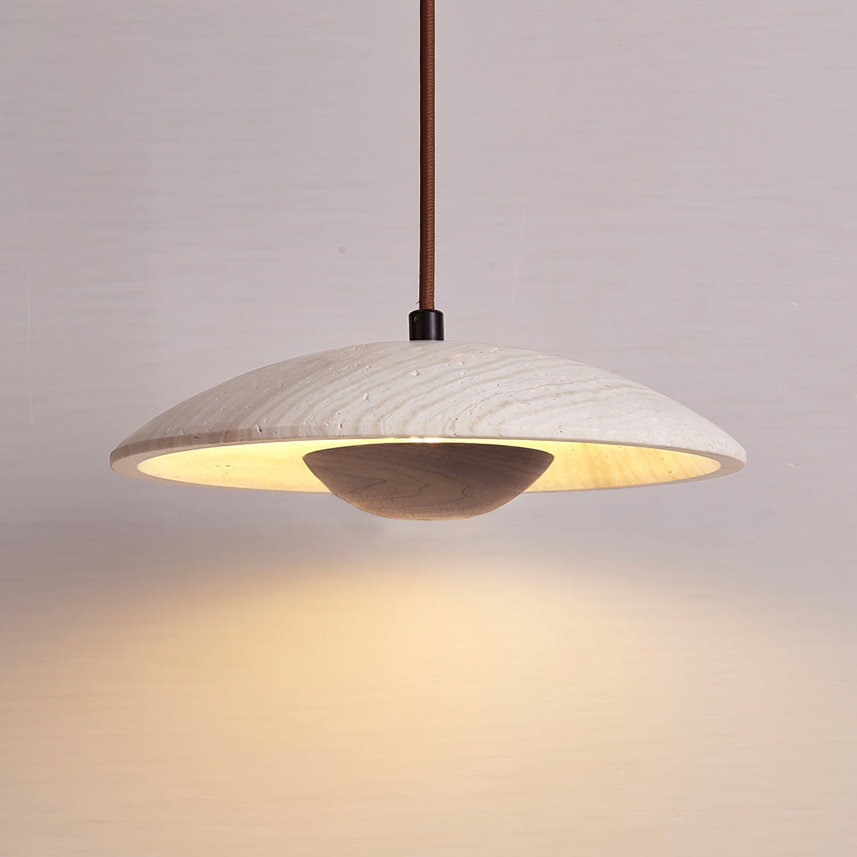 Pendant Light With Ambient LED Glow And Travertine Wide Brim