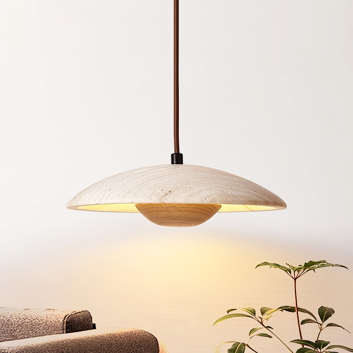 Pendant Light With Ambient LED Glow And Travertine Wide Brim
