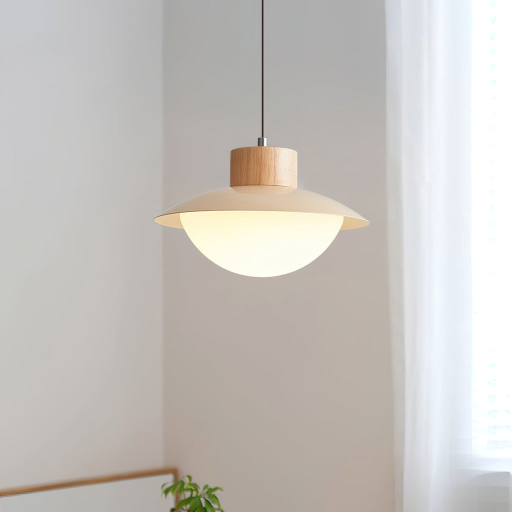 Pendant Lamp With Integrated LED In Wood And Metal Dome