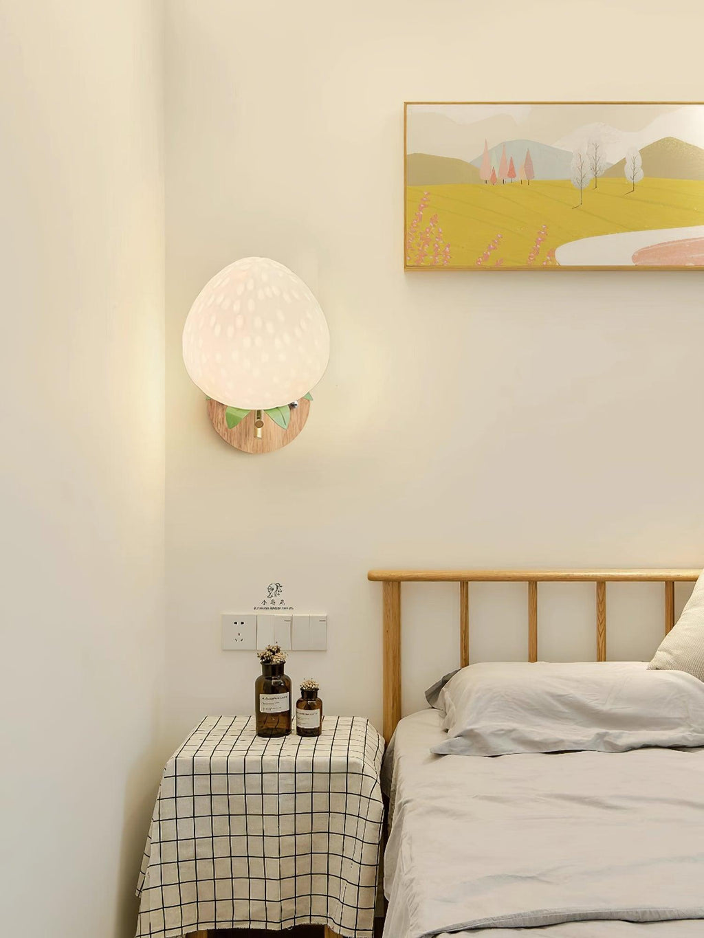 Wall Light With Wood Base And Metal Body Inspired By Strawberry