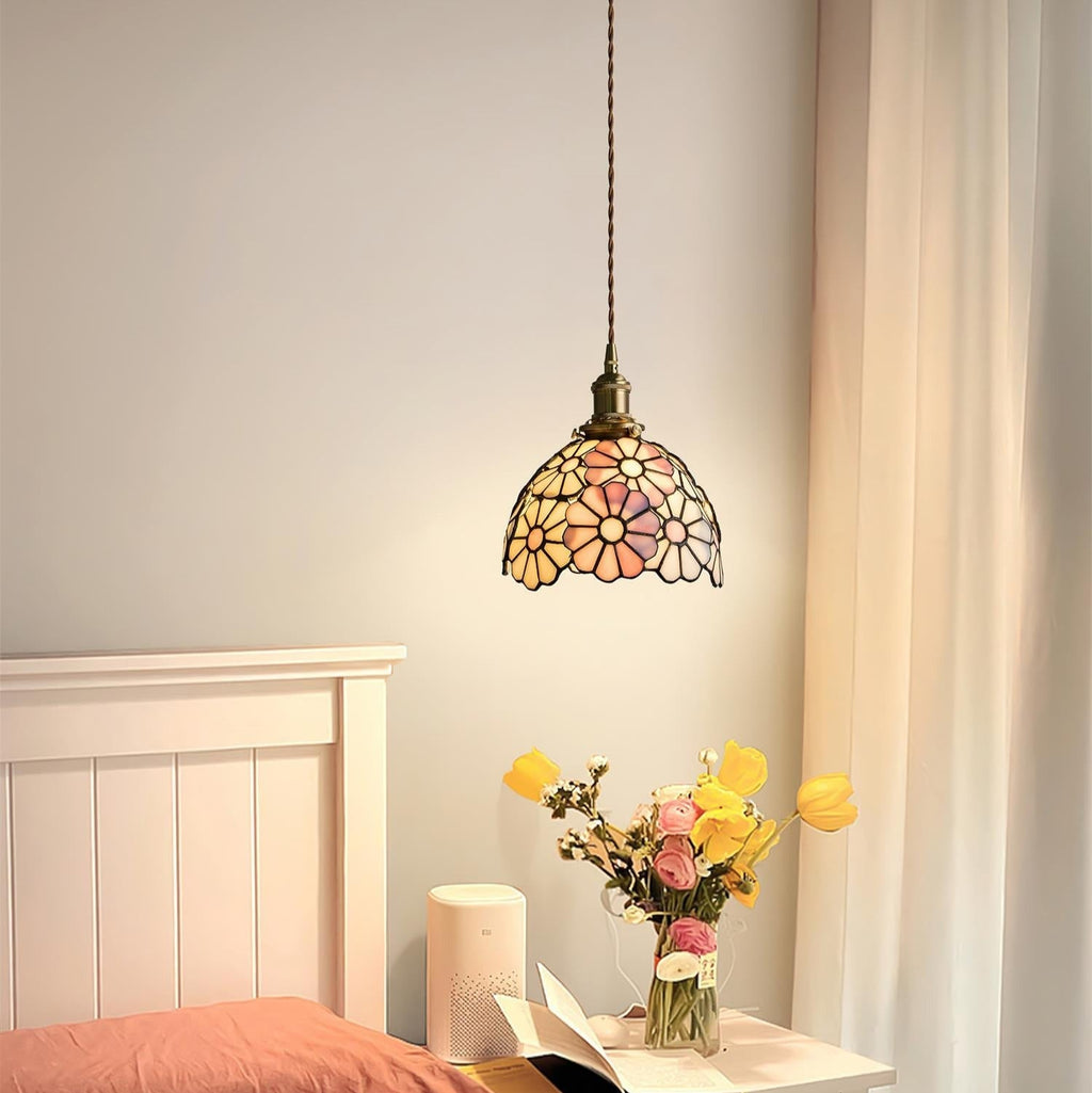 Pendant Light With Warm Glow And Bluebell Stained Glass