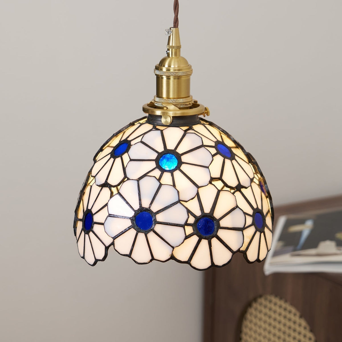Pendant Light With Warm Glow And Bluebell Stained Glass