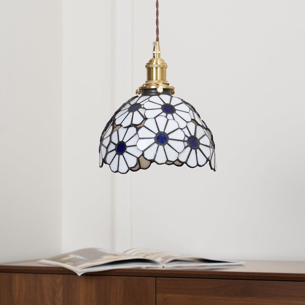 Pendant Light With Warm Glow And Bluebell Stained Glass