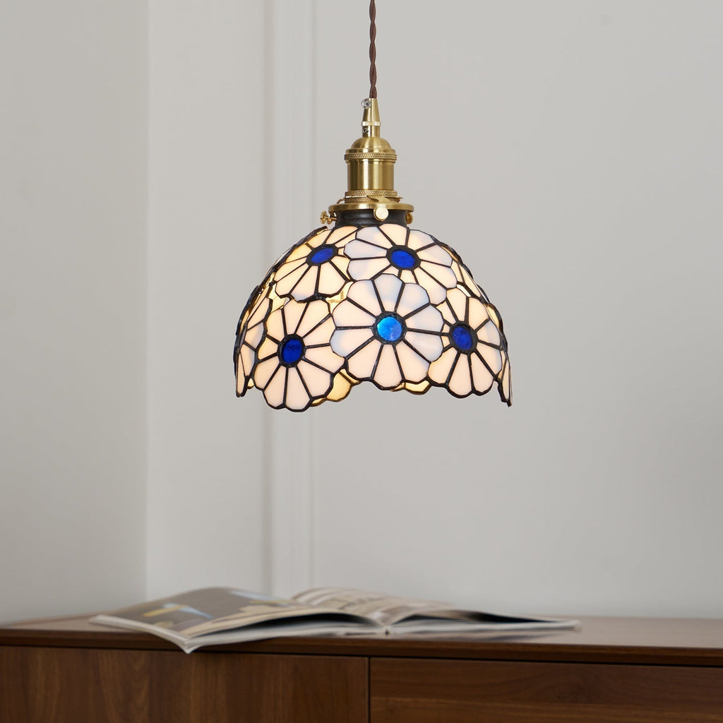 Pendant Light With Warm Glow And Bluebell Stained Glass