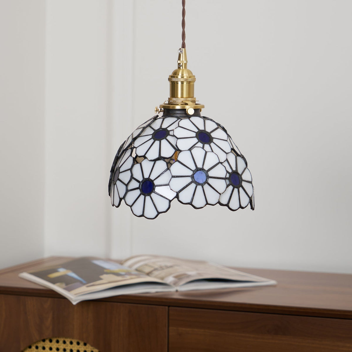Pendant Light With Warm Glow And Bluebell Stained Glass