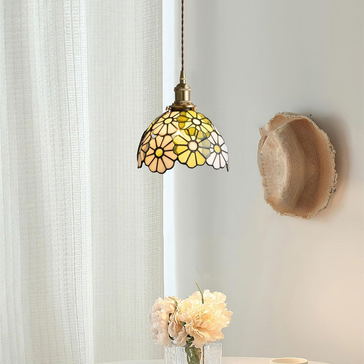 Pendant Light With Warm Glow And Bluebell Stained Glass