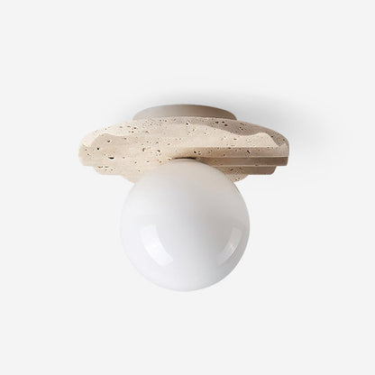 Sculpted Base And Glass Diffuser Travertine Stone Ceiling Light