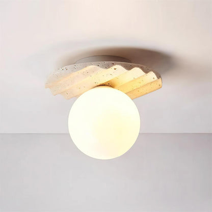 Sculpted Base And Glass Diffuser Travertine Stone Ceiling Light
