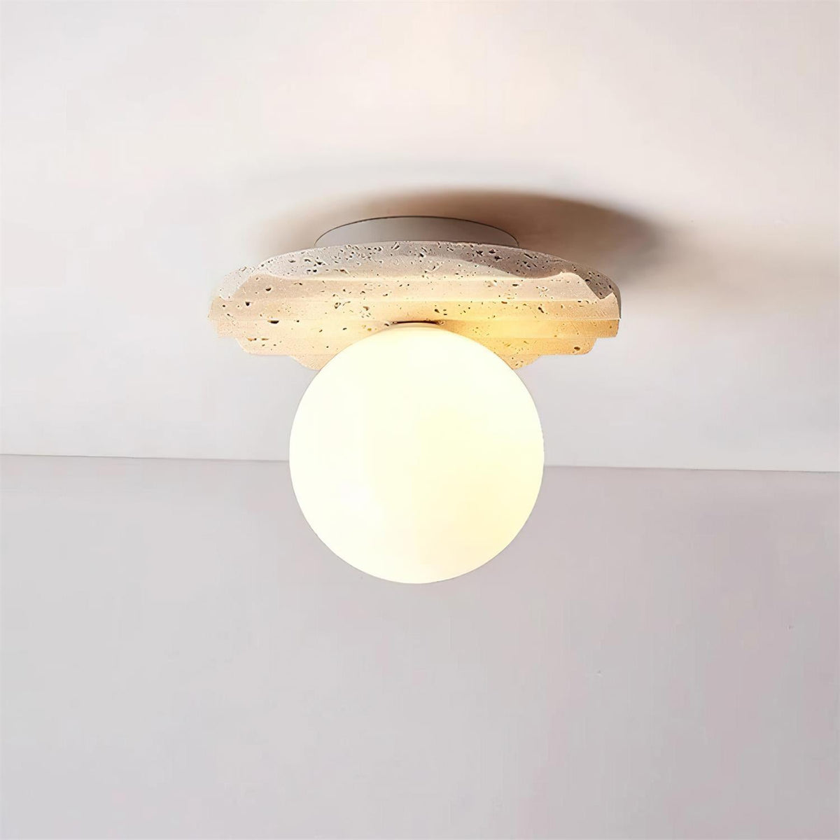 Sculpted Base And Glass Diffuser Travertine Stone Ceiling Light