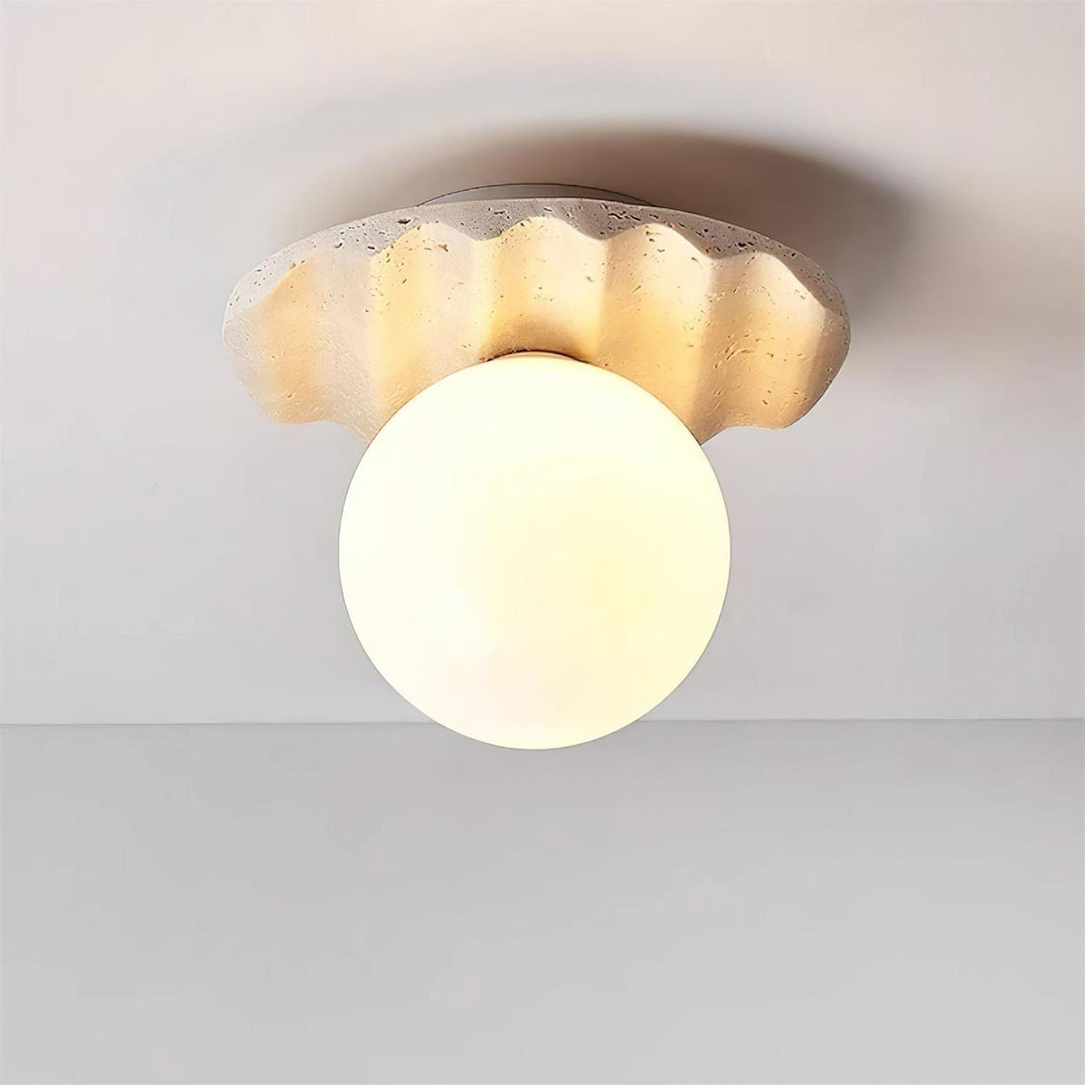 Sculpted Base And Glass Diffuser Travertine Stone Ceiling Light