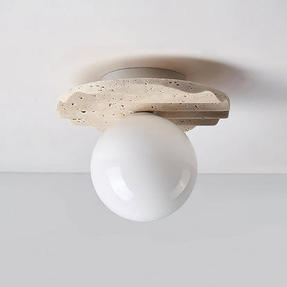 Sculpted Base And Glass Diffuser Travertine Stone Ceiling Light