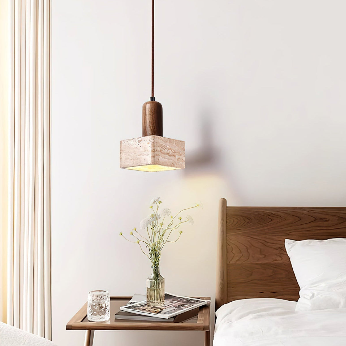 Square Travertine and Wood Pendant Light