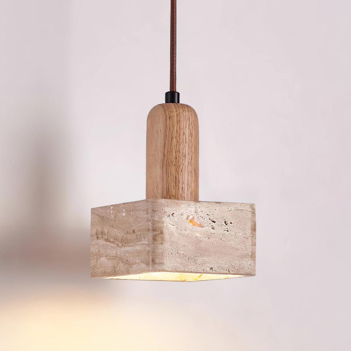 Square Travertine and Wood Pendant Light