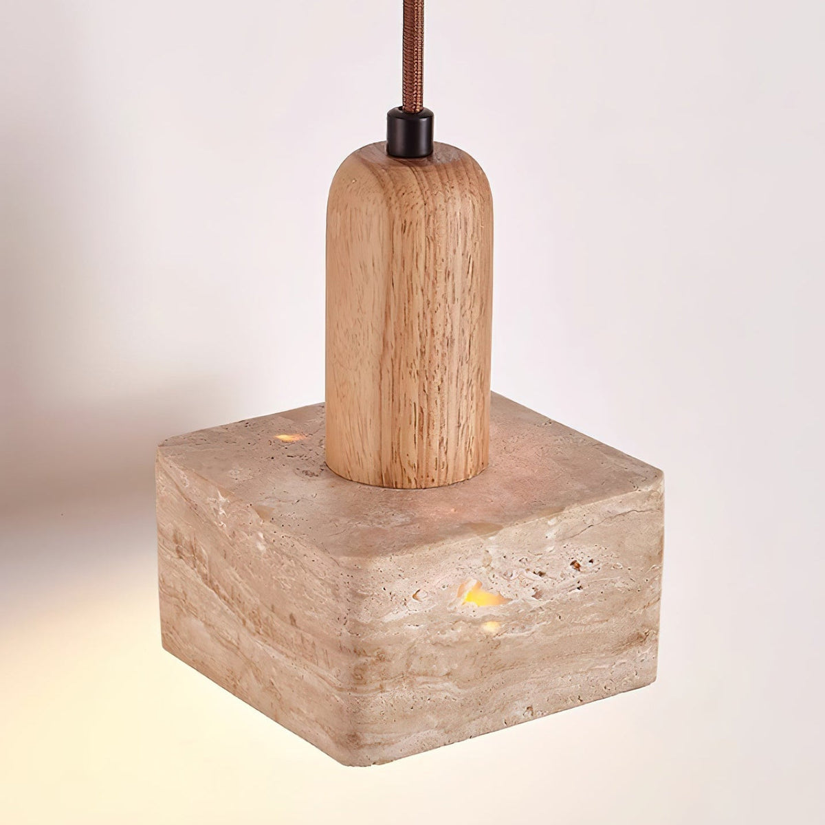 Square Travertine and Wood Pendant Light