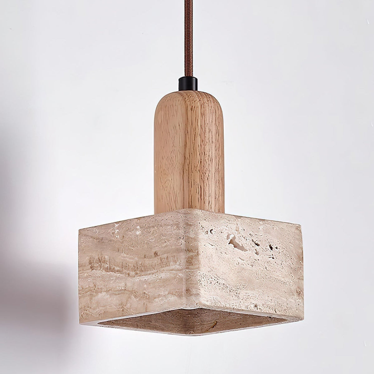 Square Travertine and Wood Pendant Light