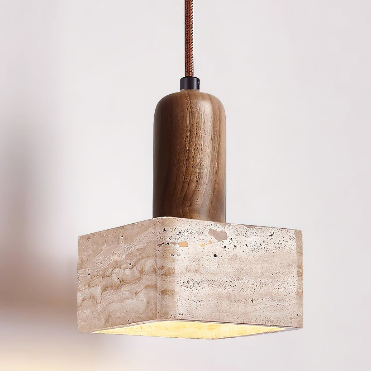 Square Travertine and Wood Pendant Light