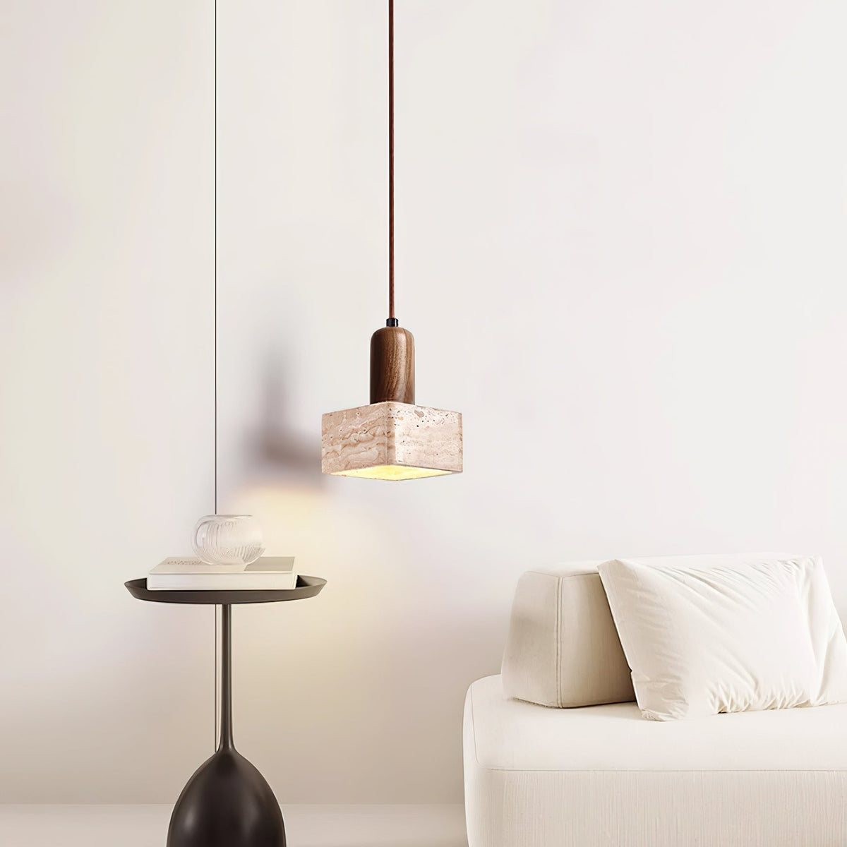 Square Travertine and Wood Pendant Light