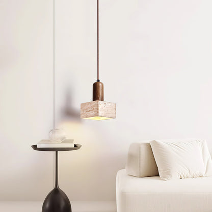 Square Travertine and Wood Pendant Light