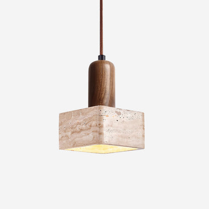 Square Travertine and Wood Pendant Light