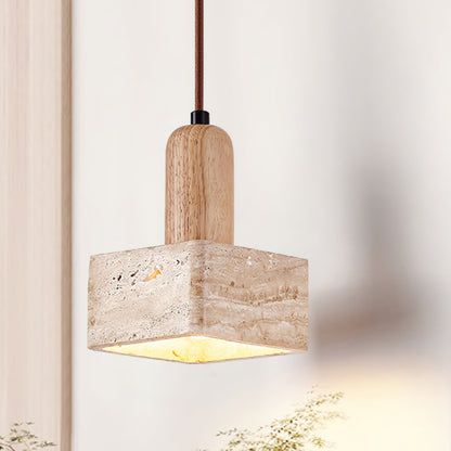 Square Travertine and Wood Pendant Light