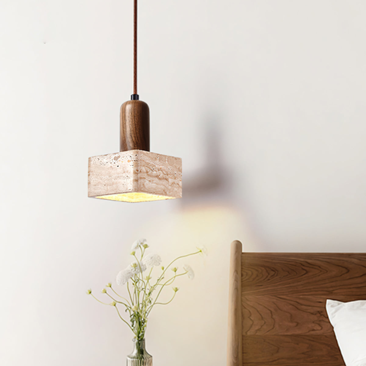 Square Travertine and Wood Pendant Light