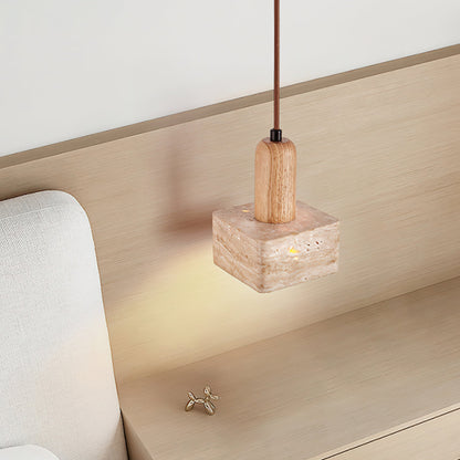 Square Travertine and Wood Pendant Light