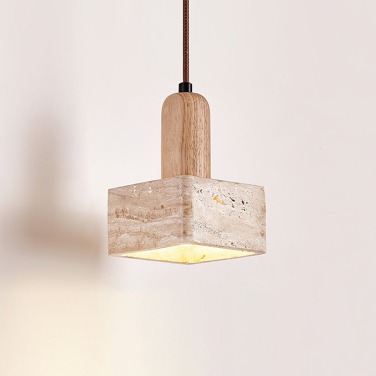 Square Travertine and Wood Pendant Light