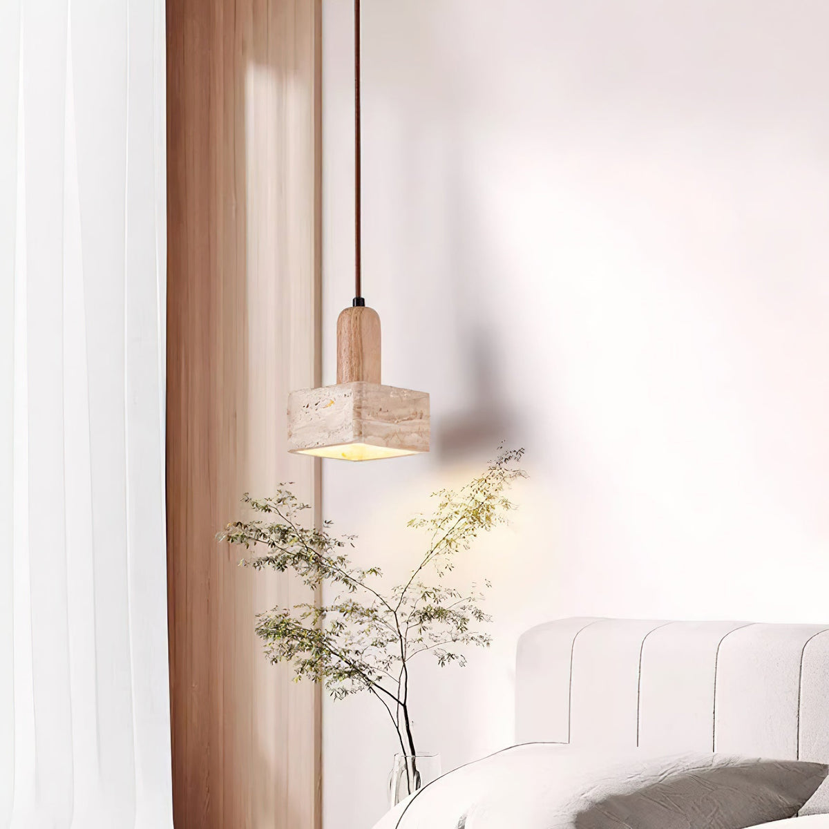 Square Travertine and Wood Pendant Light