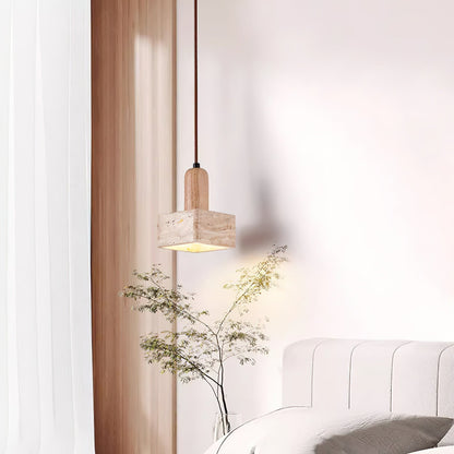 Square Travertine and Wood Pendant Light