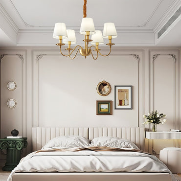 White Fabric Shade Vintage Brass LED Pendant Lamp