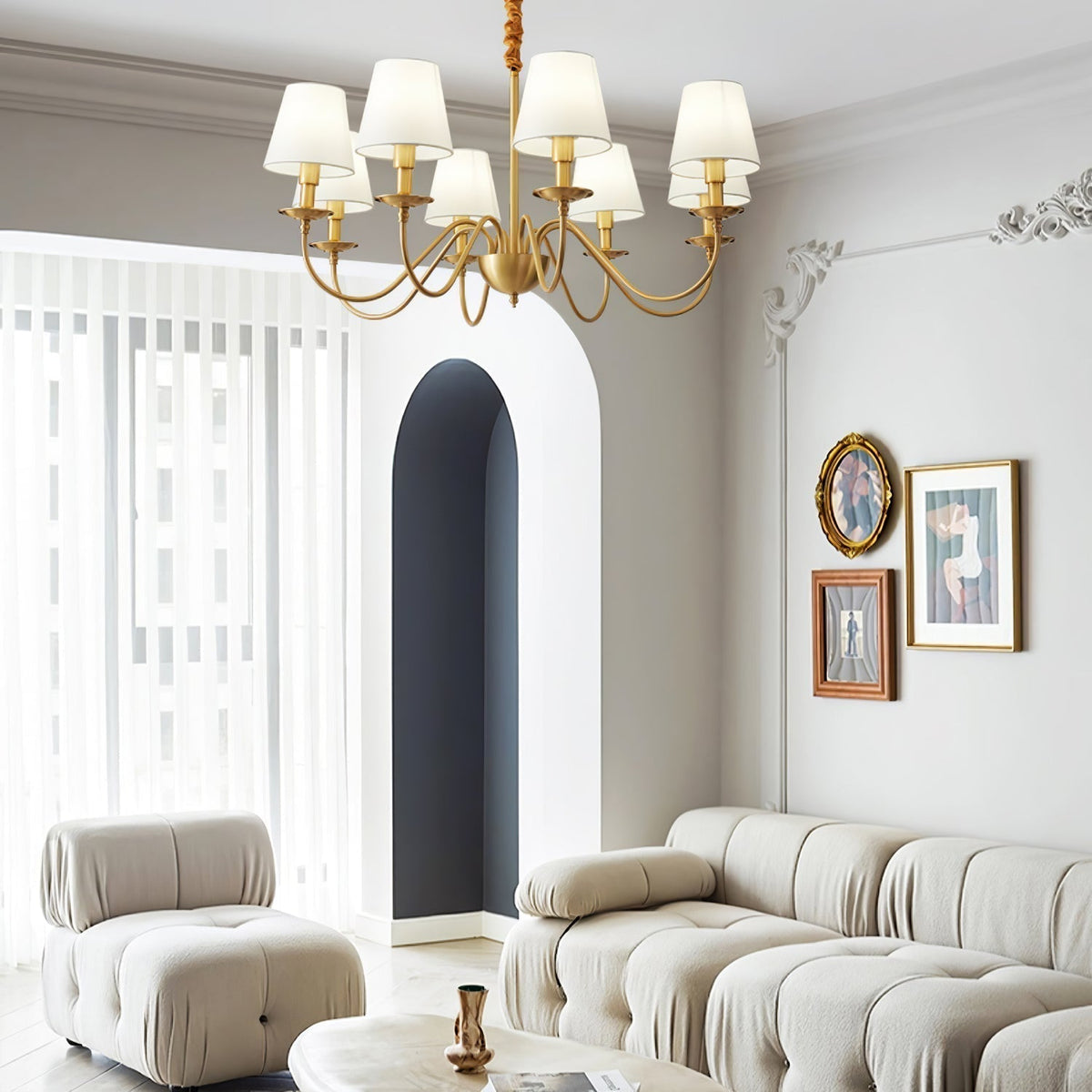White Fabric Shade Vintage Brass LED Pendant Lamp