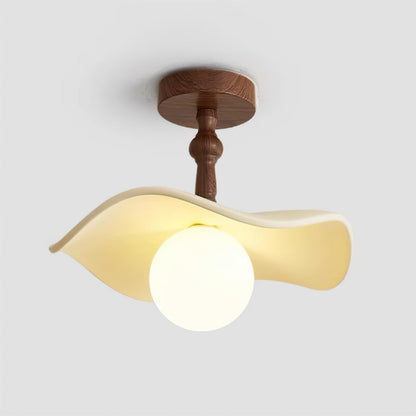 Beige Glass Shade Semi Flush Walnut Wood Ceiling Light Dimmable