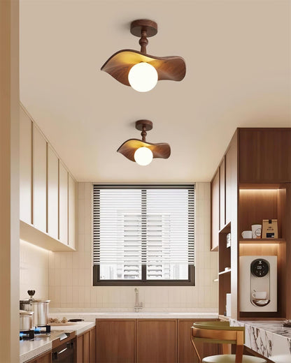 Beige Glass Shade Semi Flush Walnut Wood Ceiling Light Dimmable