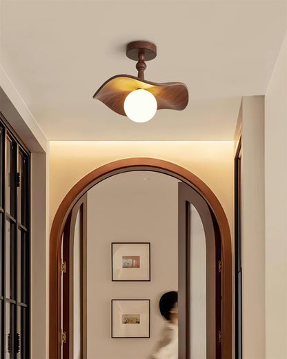 Beige Glass Shade Semi Flush Walnut Wood Ceiling Light Dimmable