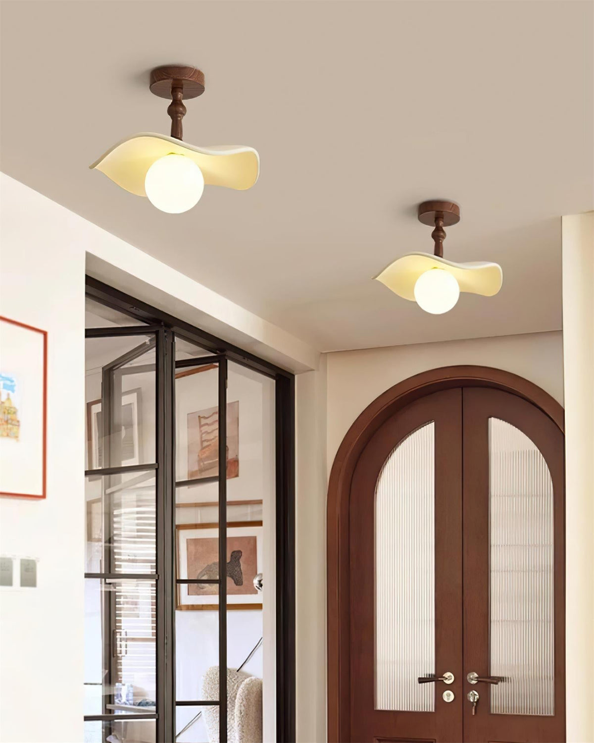 Beige Glass Shade Semi Flush Walnut Wood Ceiling Light Dimmable