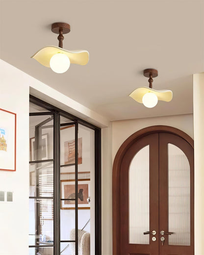 Beige Glass Shade Semi Flush Walnut Wood Ceiling Light Dimmable